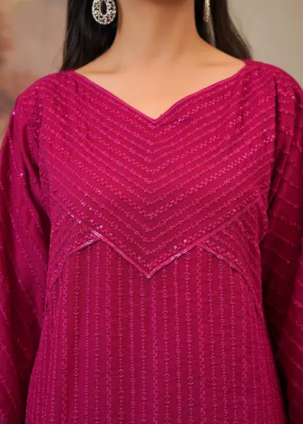 Pakistani Orginal Rangoon Chiffon Stitched 3 Pcs _ Magenta Pink 